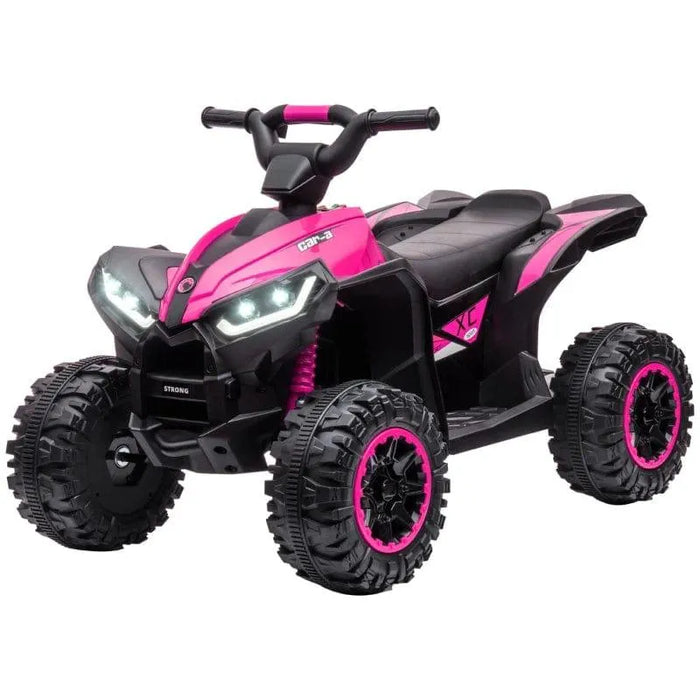 Pink 12V kids ride-on quad ATV with LED headlights, rugged tires, and dual seat design.
