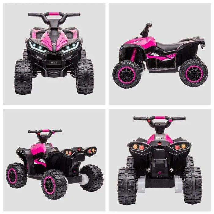Pink 12V kids ride-on quad ATV bike with LED headlights, large tires, and dual speed