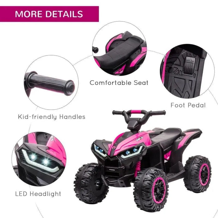 Pink 12V kids ride on quad ATV with LED headlights, foot pedal, comfy seat, and kid-friendly handles