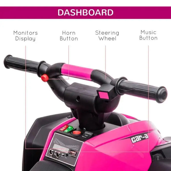 Pink kids ride-on ATV quad bike dashboard with labeled controls and LED display