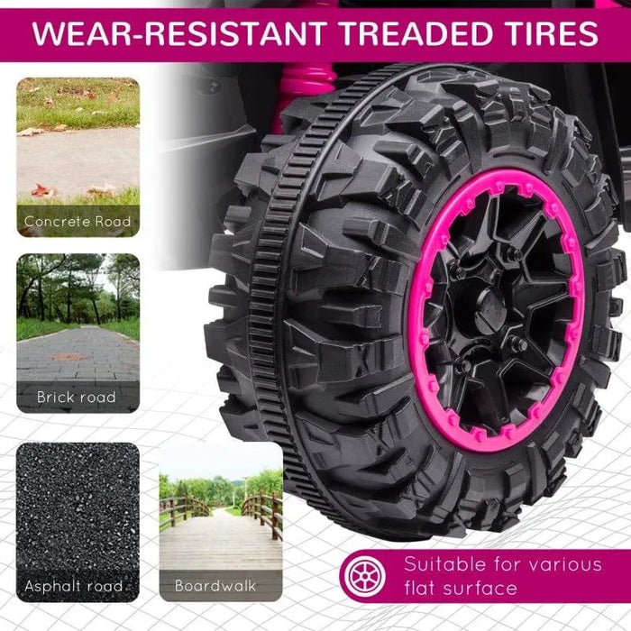 Close-up of wear-resistant treads on kids ATV tire, suitable for concrete, brick, asphalt, boardwalk surfaces.