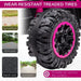 Close-up of wear-resistant treads on kids ATV tire, suitable for concrete, brick, asphalt, boardwalk surfaces.