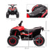 Red 12V kids ride on quad ATV bike with LED headlights, black wheels, size dimensions shown