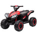Red 12V kids ride-on quad ATV bike with LED headlights, rugged tires, and black accents