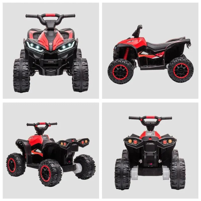 Red 12V kids ride on quad ATV bike with LED headlights, rugged wheels, and black seat