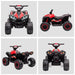 Red 12V kids ride on quad ATV bike with LED headlights, rugged wheels, and black seat