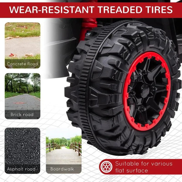 Close-up of a rugged kids ATV wheel with red rim, showing wear-resistant tread for flat surfaces.