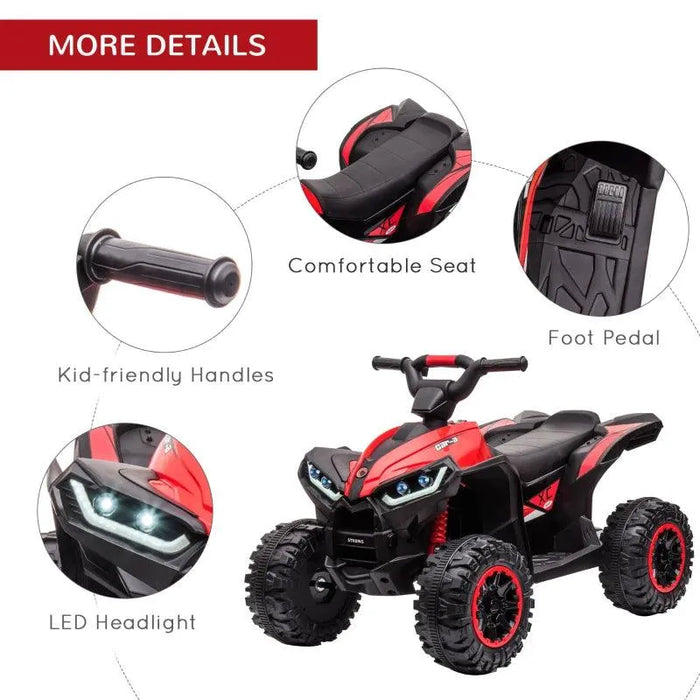 Red 12V kids ride-on quad ATV with LED headlights, foot pedal, comfortable seat, and kid-friendly handles.
