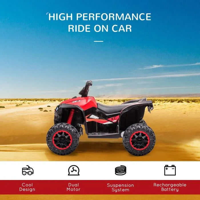 Red 12V kids ride on quad ATV bike with LED headlights in a desert landscape