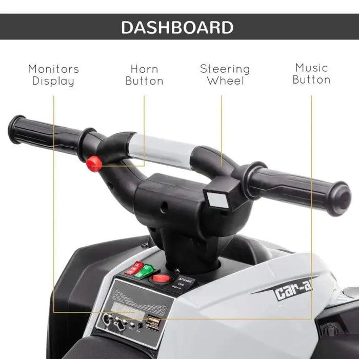 White kids ride-on quad ATV bike dashboard with horn, music button, and dual speed controls.