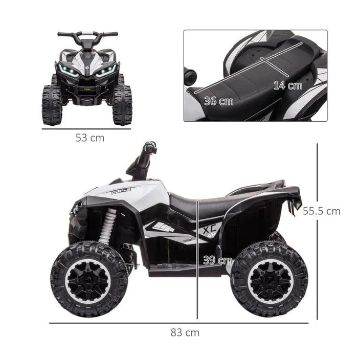 White 12V kids ride-on quad ATV with LED headlights, dual speed, and dimensions labeled