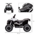 White 12V kids ride-on quad ATV with LED headlights, dual speed, and dimensions labeled