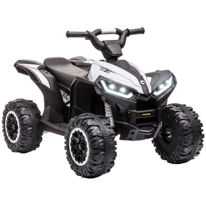 12V kids ride-on quad ATV in white with LED headlights, rugged tires, and handlebar