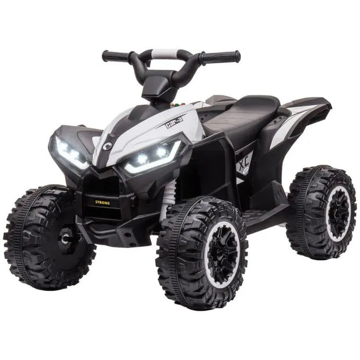 White 12V kids ride on quad ATV bike with LED headlights, rugged tires, and dual speed