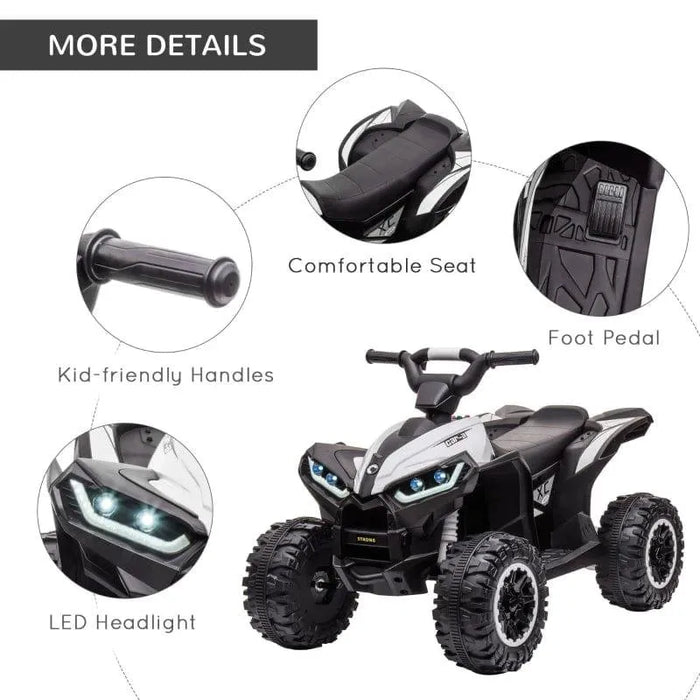 White kids ride-on quad ATV with LED headlights, comfortable seat, and kid-friendly handles