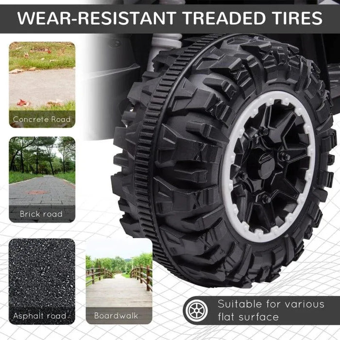 Close-up of wear-resistant treaded ATV tire suitable for concrete, brick, asphalt, and boardwalk.