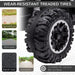 Close-up of wear-resistant treaded ATV tire suitable for concrete, brick, asphalt, and boardwalk.