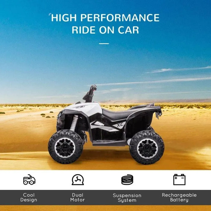 12V kids ride on white quad ATV bike with rugged tires in a desert, high performance features
