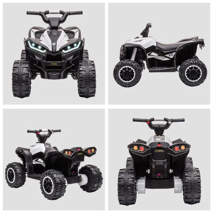 12V kids white quad ATV ride-on bike with LED headlights and rugged wheels, four angles