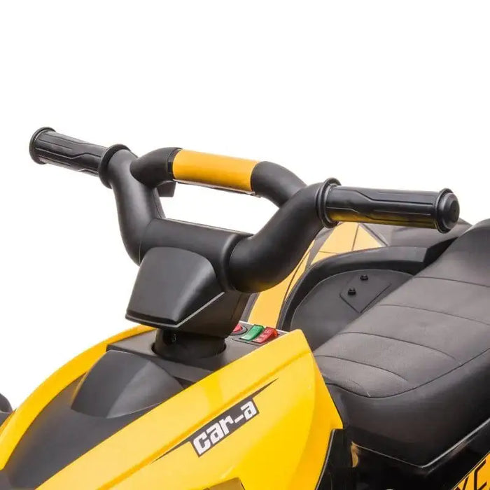 Yellow kids ride on quad ATV bike with black handlebar and padded seat