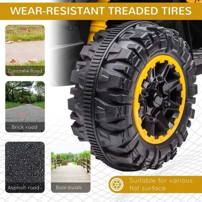 Durable 12V kids quad ATV treaded tire shown, suitable for concrete, brick, asphalt, boardwalk.