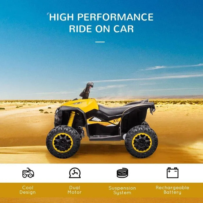 12V yellow kids ride-on quad ATV bike with LED headlights in desert, dual motor, rechargeable battery