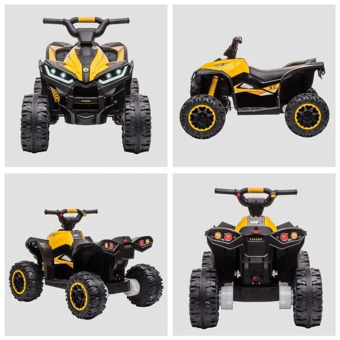 Yellow 12V kids ride on quad ATV bike with LED headlights, rugged tires, and handlebar controls.