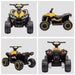Yellow 12V kids ride on quad ATV bike with LED headlights, rugged tires, and handlebar controls.