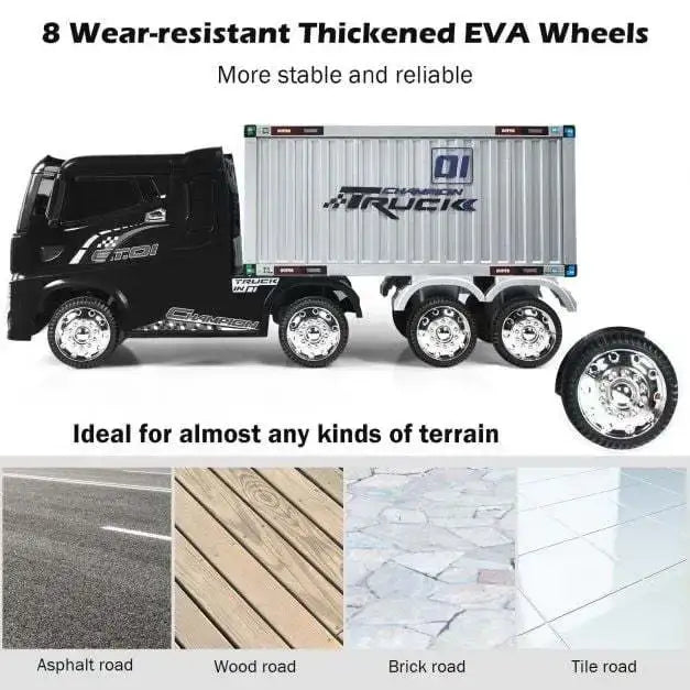12V Kids Ride-On Semi-Truck - Black | Detachable Container - 8 EVA Wheels COSTWAY - Little and Giant Explorers Costway
