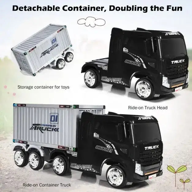 12V Kids Ride-On Semi-Truck - Black | Detachable Container - 8 EVA Wheels COSTWAY - Little and Giant Explorers Costway