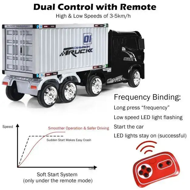 12V Kids Ride-On Semi-Truck - Black | Detachable Container - 8 EVA Wheels COSTWAY - Little and Giant Explorers Costway