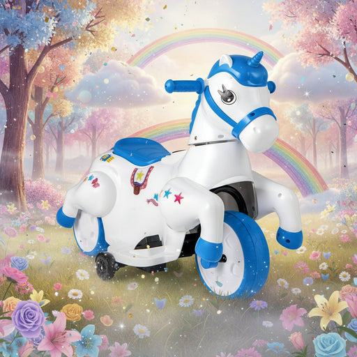 12V Kids Ride-On Unicorn Blue White | Dual Driving Modes with Galloping Horse Action - Little and Giant Explorers Costway