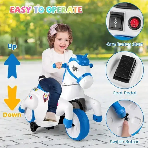 12V Kids Ride-On Unicorn Blue White | Dual Driving Modes with Galloping Horse Action - Little and Giant Explorers Costway