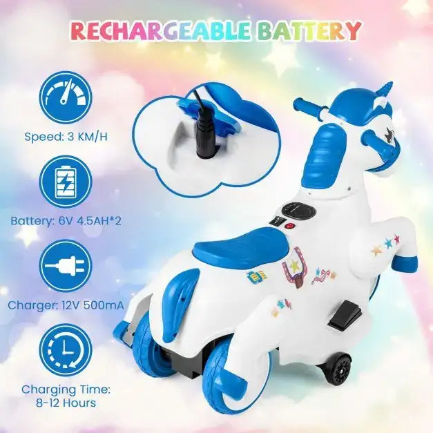 12V Kids Ride-On Unicorn Blue White | Dual Driving Modes with Galloping Horse Action - Little and Giant Explorers Costway