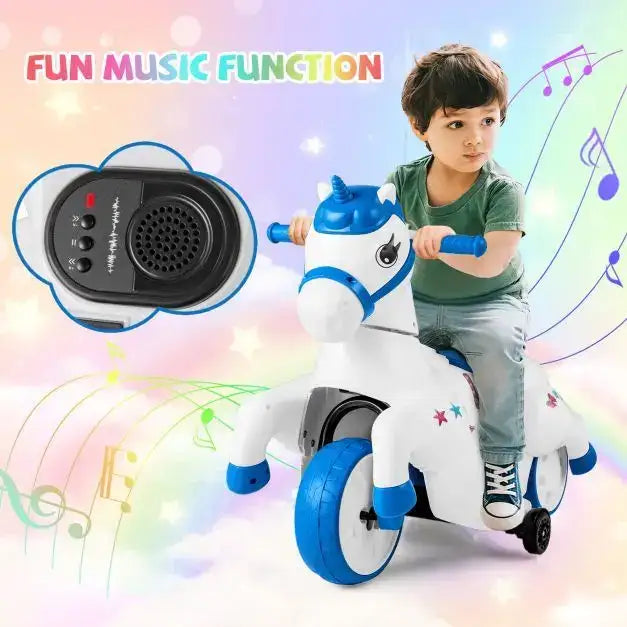 12V Kids Ride-On Unicorn Blue White | Dual Driving Modes with Galloping Horse Action - Little and Giant Explorers Costway