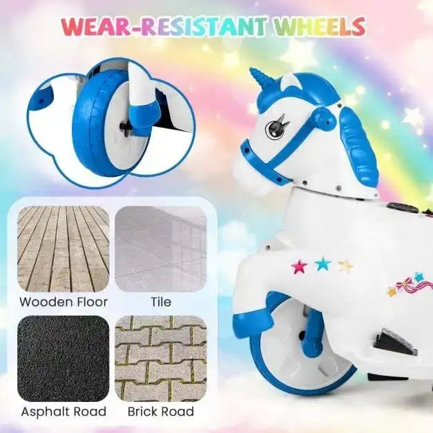 12V Kids Ride-On Unicorn Blue White | Dual Driving Modes with Galloping Horse Action - Little and Giant Explorers Costway