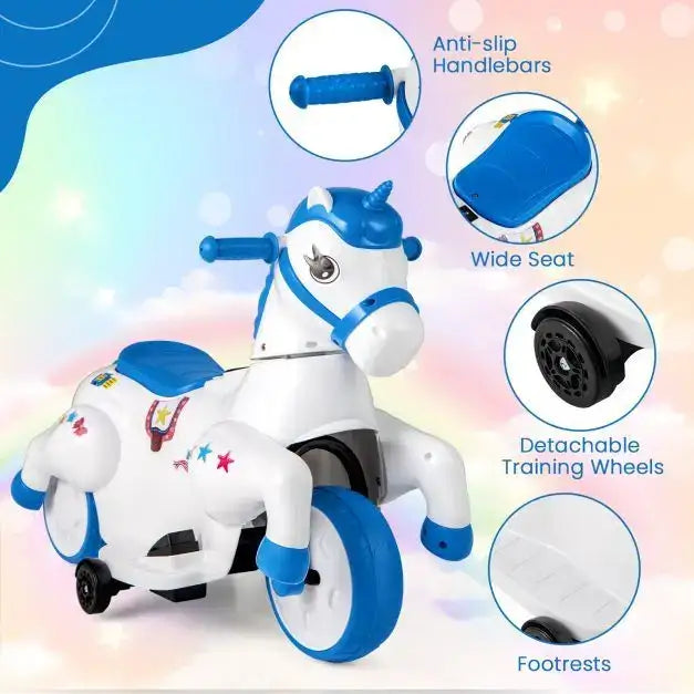 12V Kids Ride-On Unicorn Blue White | Dual Driving Modes with Galloping Horse Action - Little and Giant Explorers Costway