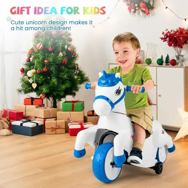 12V Kids Ride-On Unicorn Blue White | Dual Driving Modes with Galloping Horse Action - Little and Giant Explorers Costway