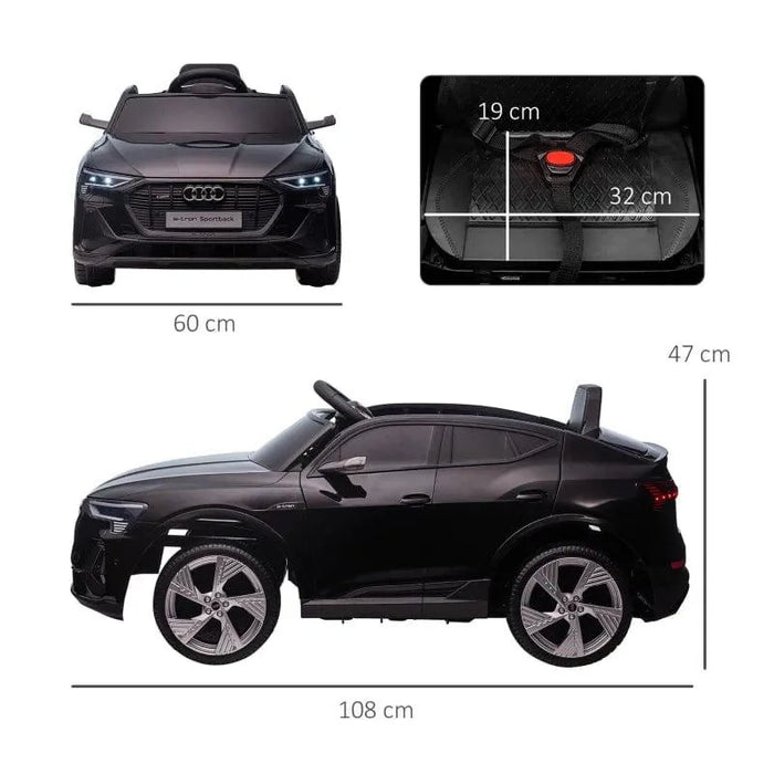 Black 12V Audi e-tron kids electric ride on car with seat dimensions and overall measurements