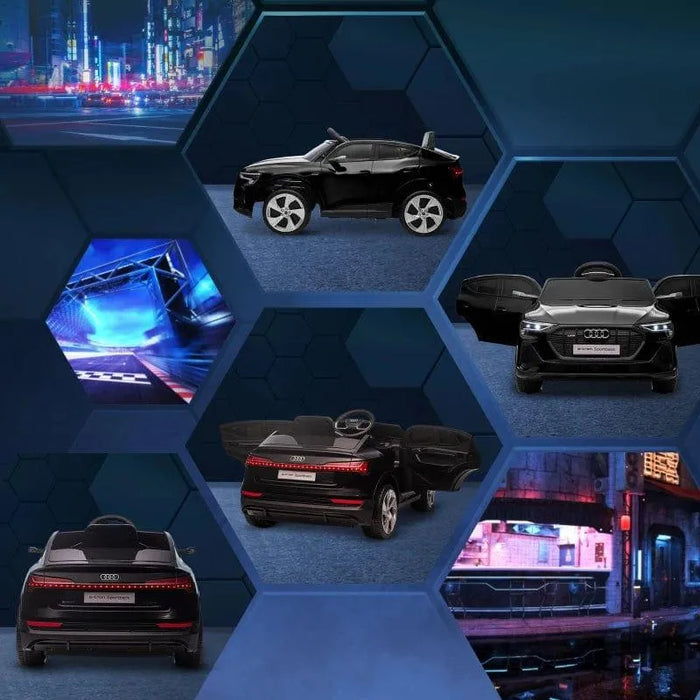 Black Audi e-tron kids electric ride-on car with open doors on blue hexagon background