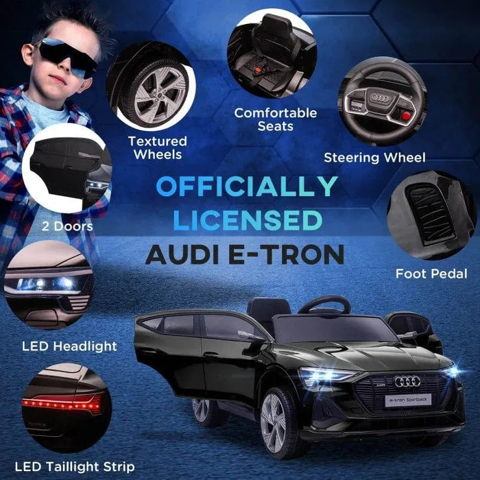 Black Audi e-tron kids electric ride-on car with LED headlights, textured wheels, comfortable seats, and steering wheel features.