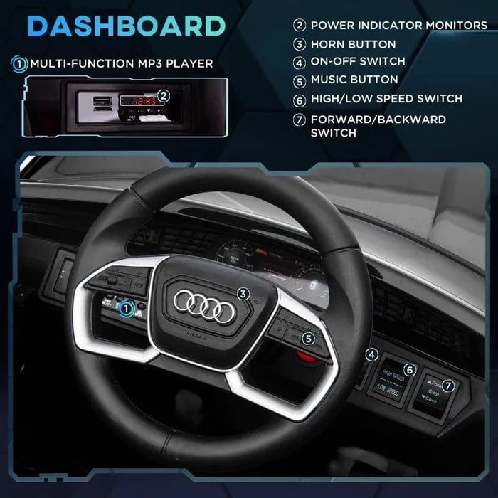 12V Audi e-tron kids electric ride-on car dashboard with MP3 player, controls, steering wheel