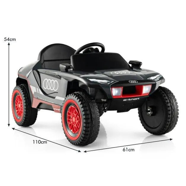 12V Audi e-tron kids electric ride-on car black with red wheels, headlights, measurements shown