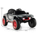 12V Audi e-tron kids electric ride-on car black with red wheels, headlights, measurements shown