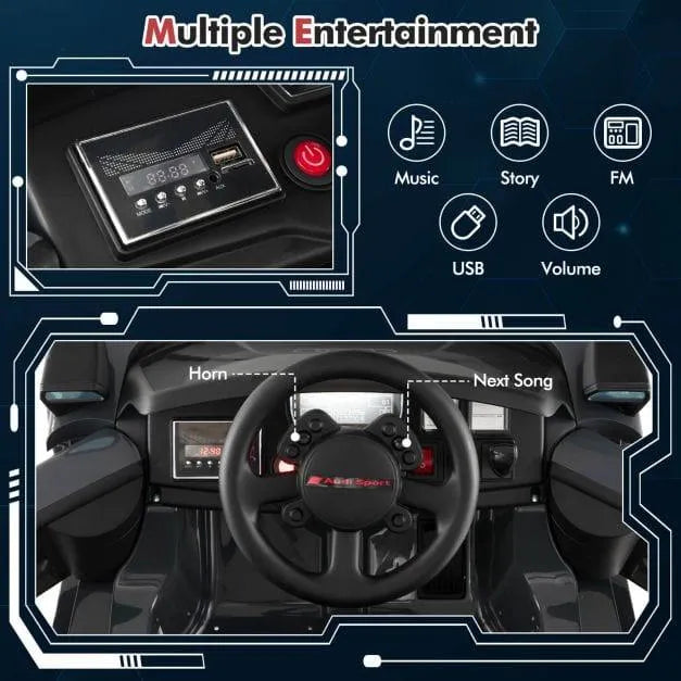 12V Audi e-tron kids ride-on car dashboard with steering wheel, buttons, and music controls