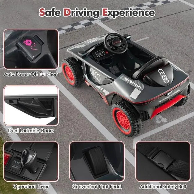 12V licensed Audi e-tron kids ride-on car, black with red wheels, safety features highlighted
