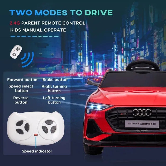 Red 12V Audi e-tron Sportback kids ride-on car with LED lights and remote control