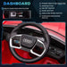 Red Audi e-tron kids ride-on car dashboard with steering wheel, MP3 player, control buttons