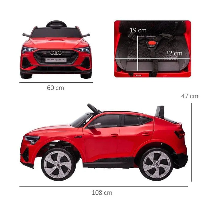 Red 12V Audi e-tron Sportback kids ride-on car with LED lights, remote control, and size dimensions