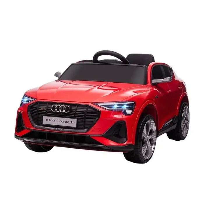 Red 12V Audi e-tron Sportback kids ride on car with LED headlights and detailed grill